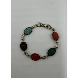 Vintage Multi Color Molded Plastic Scarab Link Bracelet Retro Egyptian Revival